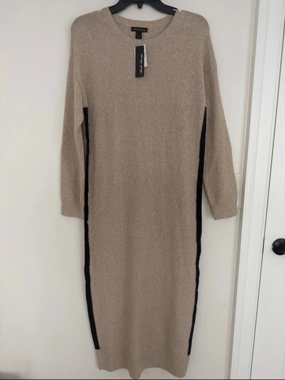 Beige Long-Sleeve Knit Long Dress with Black Side Panels